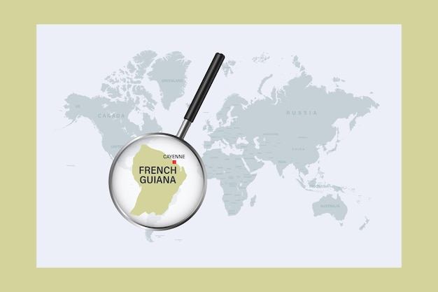 Karte von französisch-guayana auf politischer weltkarte mit lupe