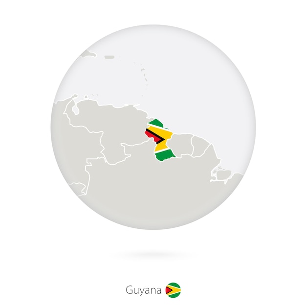 Karte von guyana und nationalflagge in einem kreis kontur der guyana-karte mit flaggenvektorillustration