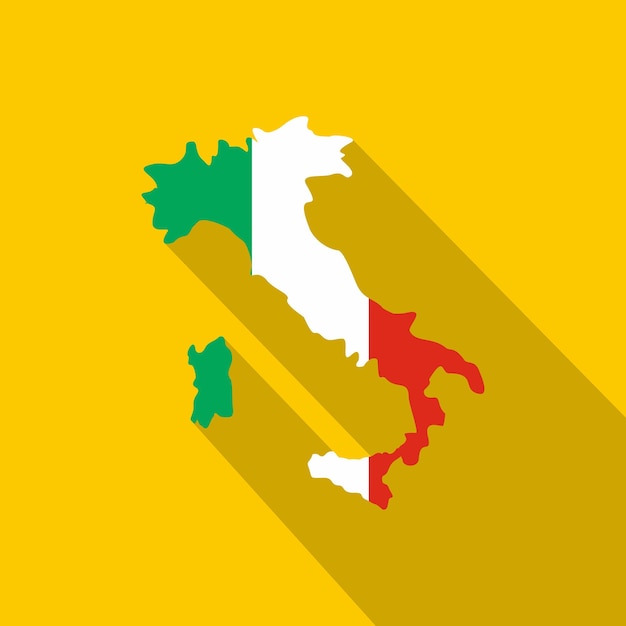 Karte von italien in den farben der nationalflagge. flache darstellung des vektorsymbols für die karte von italien für das web, isoliert auf gelbem hintergrund