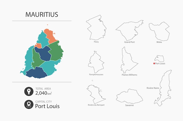 Karte von mauritius mit detaillierter länderkarte kartenelemente der städte gesamtflächen und hauptstadt