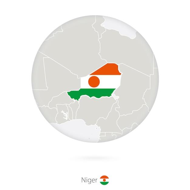 Karte von niger und nationalflagge in einem kreis kontur der niger-karte mit flagge vector illustration