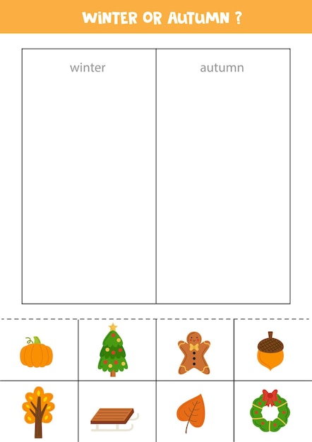 Karten in Herbst oder Winter sortieren Logikspiel für Kinder