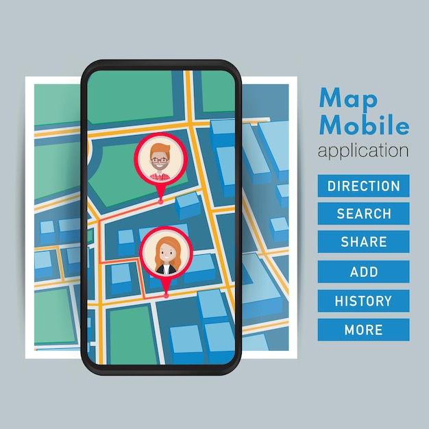 Kartenanwendung auf dem Mobiltelefon mit Straßenansicht in Richtung Stadt und Kartenzeigern