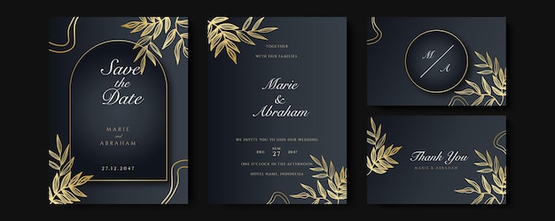 Kartensatz mit Linienkunst-Blumendekoration. Hochzeitseinladungsschablonendesign von luxuriösen goldenen tropischen Blättern und schwarzem Hintergrund. Botanische Illustration für Save the Date, Event, Cover, Vector