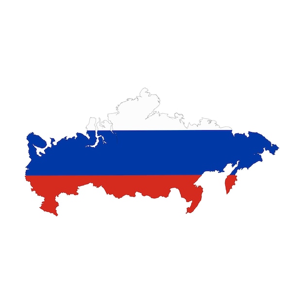 Kartensilhouette der russischen föderation mit isolierter flagge auf weißem hintergrund