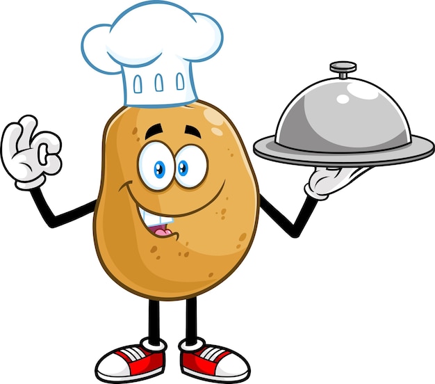 Kartoffel-chef-cartoon-figur gestikuliert ok und hält eine silberplatte