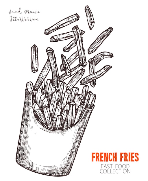 Vektor karton mit pommes frites hand gezeichnete skizze. fast-food-mahlzeit mit schwarzer umrissgravur.