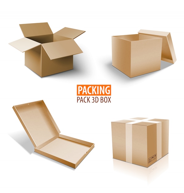 Vektor karton verpackung 3d box. brown-lieferungssatz unterschiedlich große pakete.