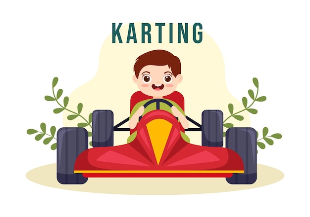 Kartsport mit rennspiel go kart auf rundstrecke in flacher, handgezeichneter cartoon-illustration