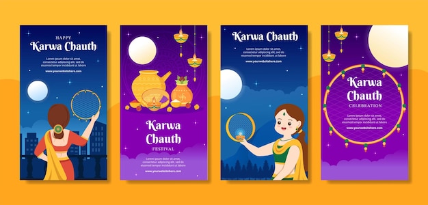 Karwa Chauth Festival Indische Social Media Ig Geschichten Vorlage Handgezeichnete Cartoon Flache Illustration