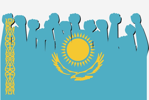 Kasachstan-flagge mit erhobenen protesthänden vektor-landesflaggen-logo kasachstan protestiert gegen konzept