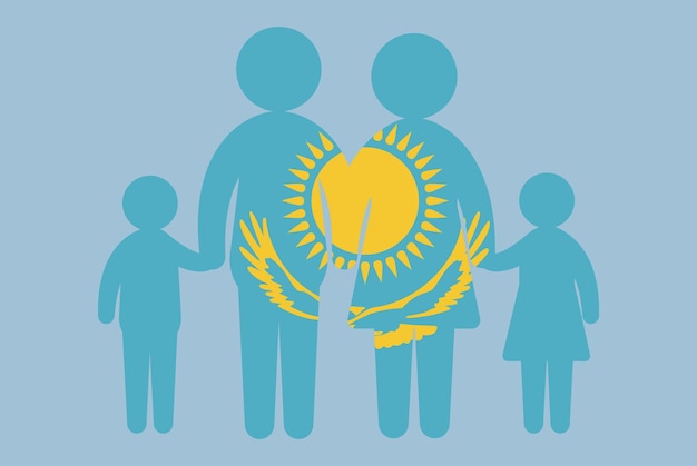 Kasachstan-flagge mit familienkonzepteltern und -kindern, die händchen halten, einwandereridee, flaches design