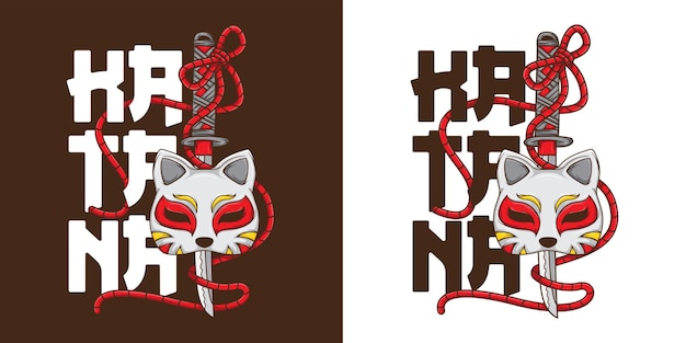 Katana Schwert und Katzenmaske handgezeichnete Illustration