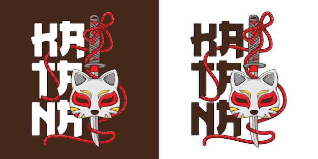 Katana schwert und katzenmaske handgezeichnete illustration