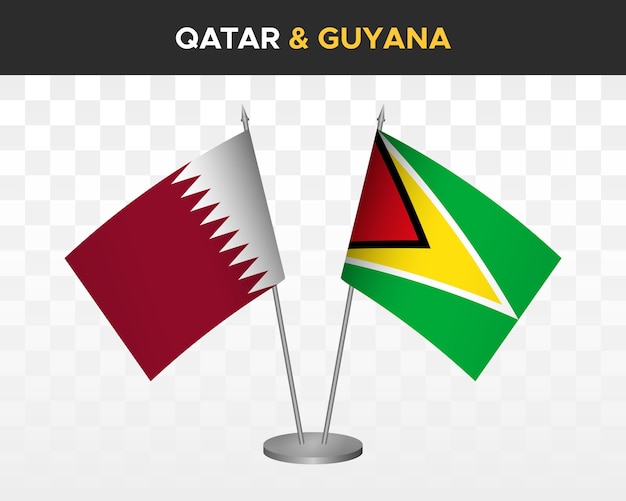 Katar vs Guyana Schreibtischfahnen Mockup isolierte 3d-Vektordarstellung Tischflagge von Katar