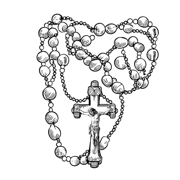 Vektor katholischer rosenkranz mit der hand gezeichneter skizze religion