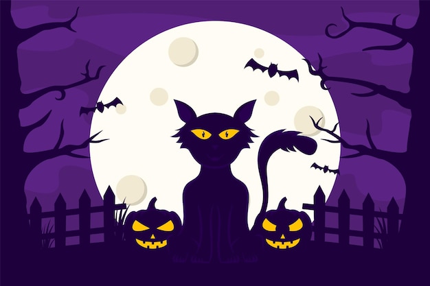 Katze auf halloween-nachthintergrund. der gruselige katzenhintergrund erscheint in der halloween-nacht. katze und kürbis