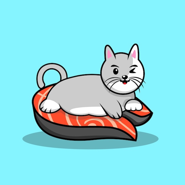 Katze auf lachs design für ihr menü oder restaurant fröhliche volle katze auf einer fischvektorillustration