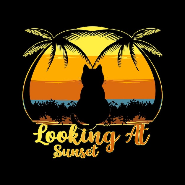 Katze, die sonnenuntergang t-shirt und aufkleberdesign betrachtet