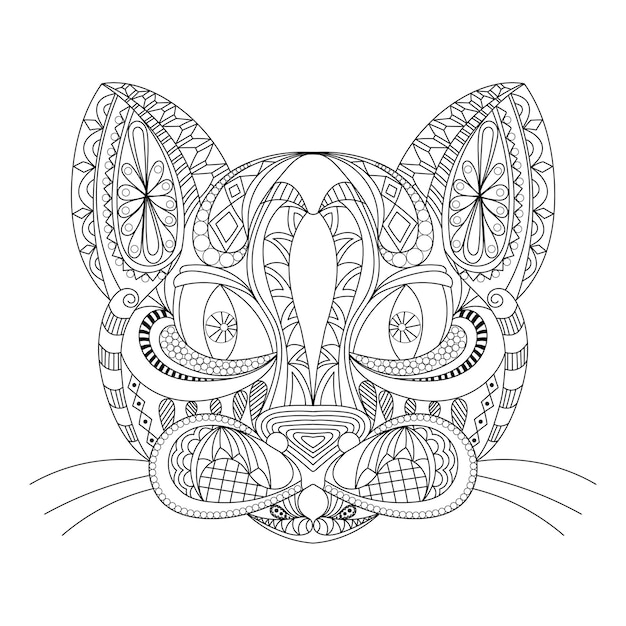 Katze gesicht doodle farbe stilisierte katze ornament malbuchseite für erwachsene