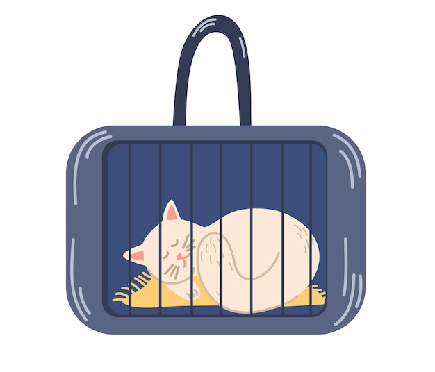 Katze in der tasche transport von tieren süße katze sitzt in einer reisetasche das konzept des reisens mit tieren hand zeichnen vektor-illustration