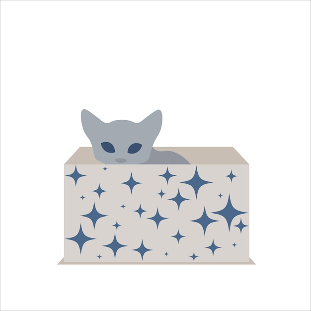 Vektor katze in einer geschenkbox. graues kätzchen in einer grauen box mit sternen