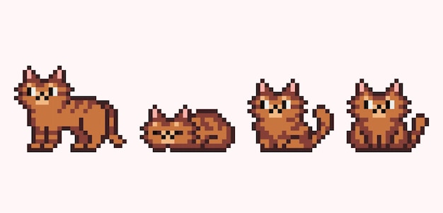 Katze in verschiedenen posen pixel art set süße sitzende stehende schlafende kitty-sammlung 8 bit