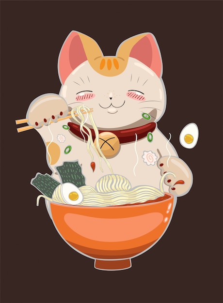 Katze isst Ramen-Nudeln mit Stäbchen. Grafik.