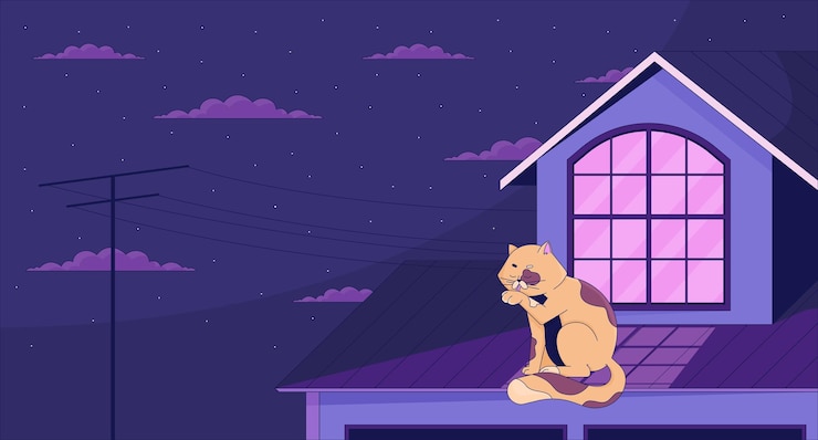 Vektor katze leckt die pfote auf dem dach nachts lofi tapete