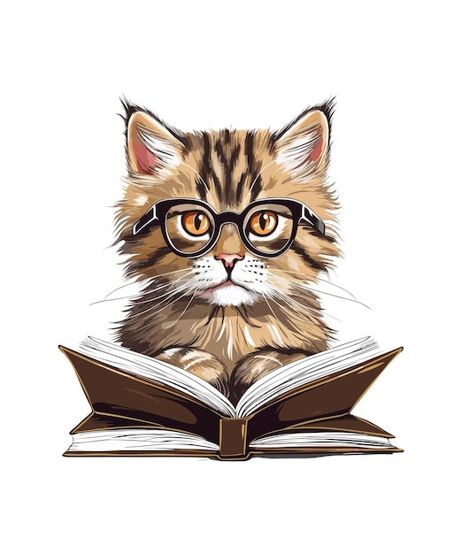 Katze mit Brille liest ein Buch. Katze liest ein Buch