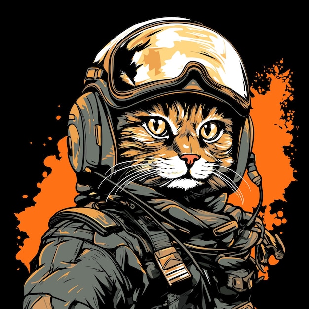 Katze mit militärischem Kopfschmuck und Militäruniform isoliert auf schwarzem Hintergrund im Vektor-Pop-Art-Stil. Vorlage für T-Shirt-Aufkleber, Poster usw