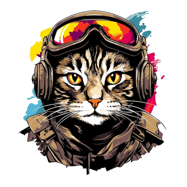 Katze mit militärischem kopfschmuck und militäruniform isoliert auf weißem hintergrund im vektor-pop-art-stil. vorlage für t-shirt-aufkleber, poster usw