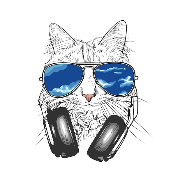 Katze mit sonnenbrille und kopfhörern handgezeichnete vektorillustration