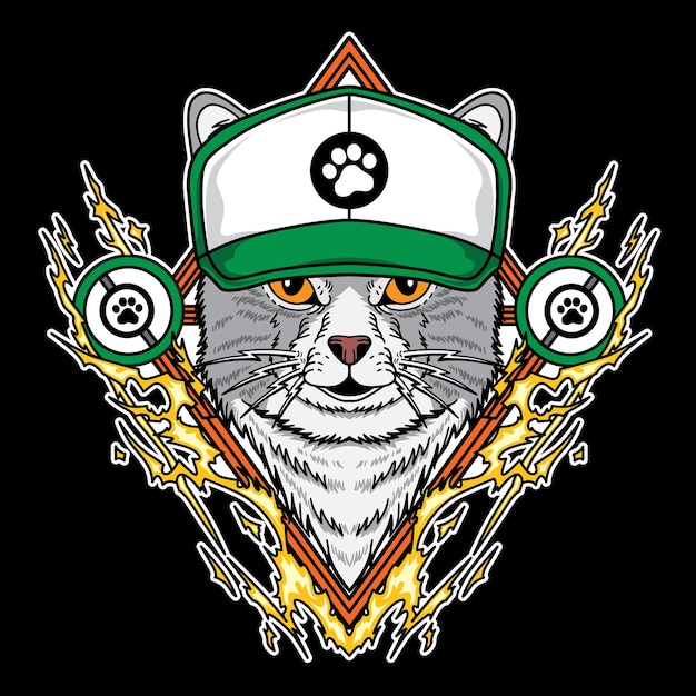 Katze mit trucker-hut und blitzelement-vektorillustration isoliert auf schwarzem hintergrund