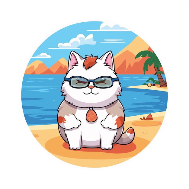 Vektor katze niedliche lustige zeichentrickfilm kawaii bunte aquarell strand sommer tier haustier aufkleber illustration