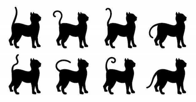 Katze niedlichen schwarzen silhouette cartoon-set. tierkätzchen mit verschiedenen rückständen