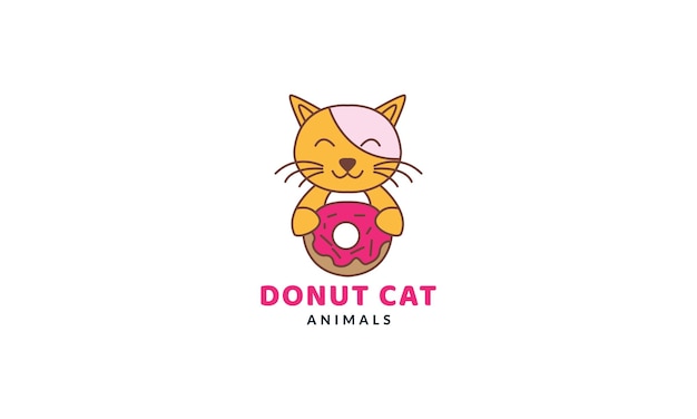 Katze oder kätzchen oder kätzchen essen donut-kuchen niedliche cartoon-vektor-illustration