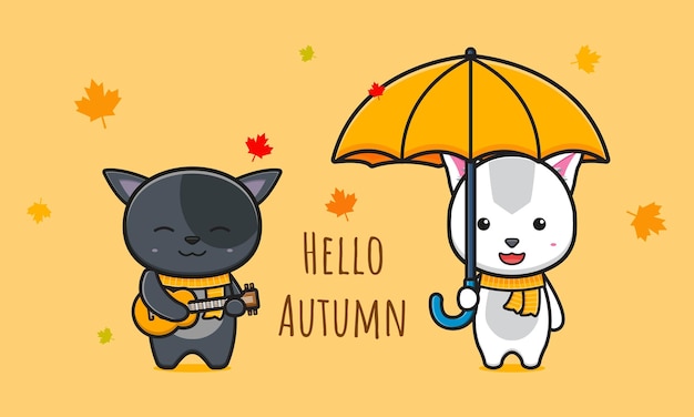 Katze sagt hallo herbst auf banner-karte cartoon-symbol illustration design isoliert flachen cartoon-stil