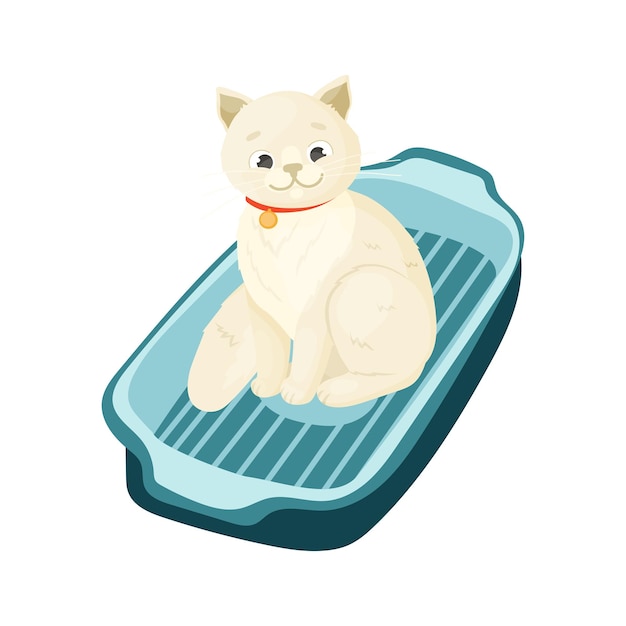 Katze sitzt in der Katzentoilette. Cartoon-Vektorillustration