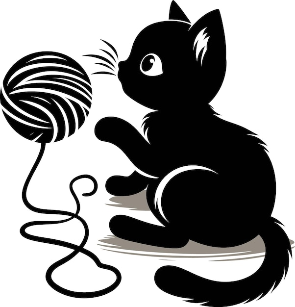 Vektor katze spielt silhouette mit einem ball garn