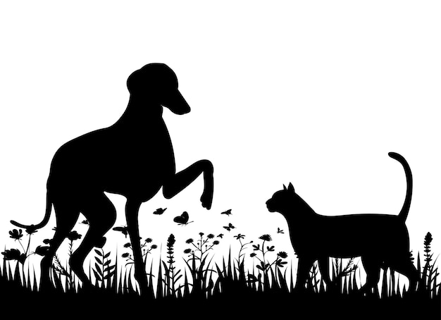 Katze und Hund schwarze Silhouette isolierter Vektor