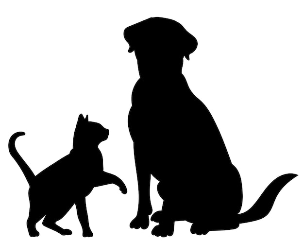 Katze und hund schwarze silhouette isolierter vektor