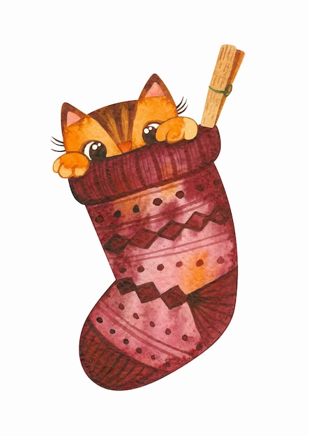 Katze versteckt sich in Weihnachtssocke Nettes verspieltes Kätzchen Aquarell Winterillustration