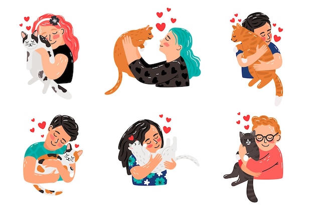 Katzen haustier besitzer charaktere. besitzer, die katzen, mädchen und jungen umarmen, die katzentiere streicheln, junge leute mit haustieren umarmen porträtillustration