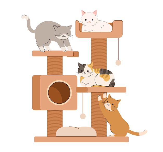 Katzen spielen im Katzenturm Illustration eines Haushalts mit mehreren Katzen