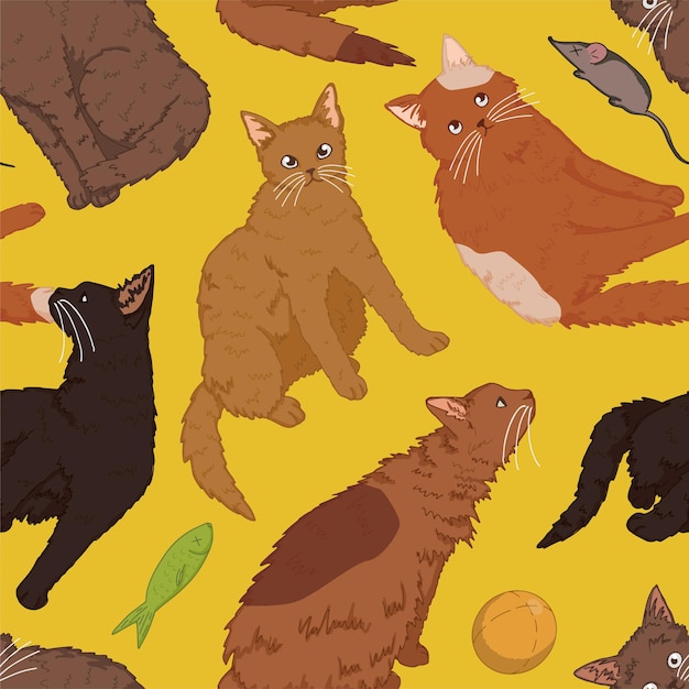 Katzenhaustiere, nahtloses Muster der lustigen Kätzchen. Handgezeichnete Vektor-Illustration. Farbige Verzierung. Design für Dekor, Tapete, Hintergrund, Textil.