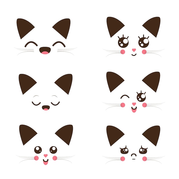 Vektor katzenkopf-ikonen set von flachen cartoon-katzen im kawaii-stil isoliert sammlung von katzengesichtern emoticon