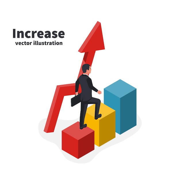 Kaufmann geht nach oben farbigen balken business wachsenden konzept graph zum erfolg man geht schritt für schritt vektor-illustration isometrische 3d-design mann in einem anzug mit einem koffer pfeil nach oben