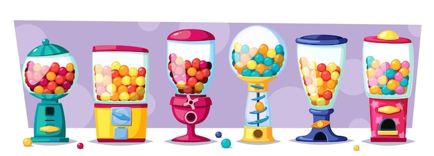 Vektor kaugummi-maschine für kinder süßigkeiten glaskapsel-dosier farbenfrohe cartoon-minimalistische behälter