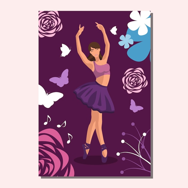 Kaukasische weiße gesichtslose Ballerina in einem violetten Tutu und Spitzenschuhen, die auf einem violetten Poster mit Blumen und Schmetterlingen tanzen Vektorillustration im flachen Stil